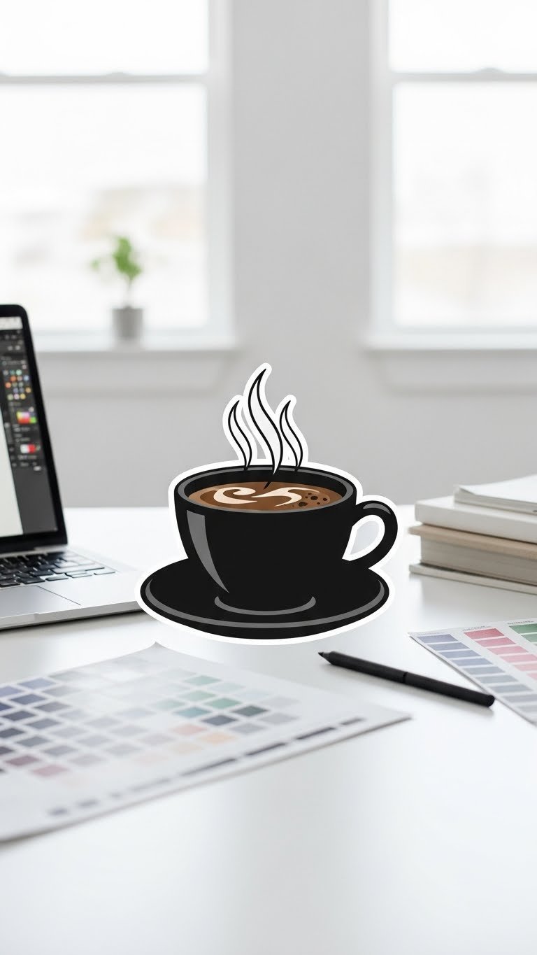 Stylized black coffee clip art with crisp steam lines on graphic design workspace