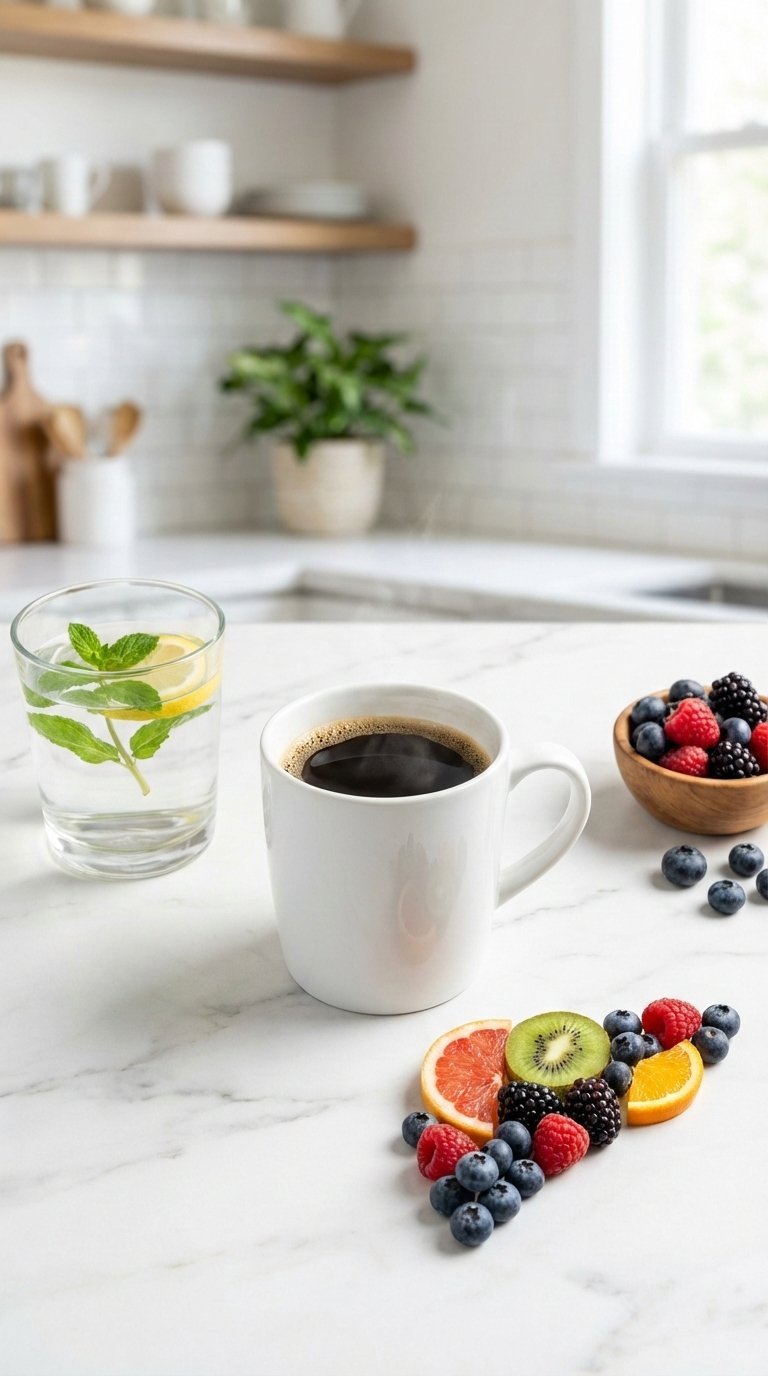 Stylized liver representation with black coffee, fresh berries and water on white marble countertop for detoxification