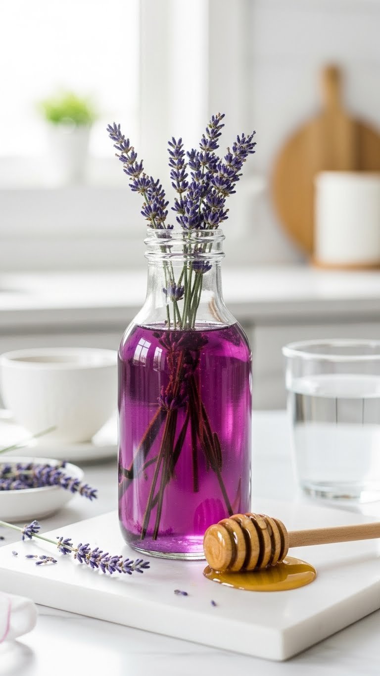 Subtle purple lavender honey coffee syrup in apothecary glass bottle with lavender sprigs and honey dipper on white marble