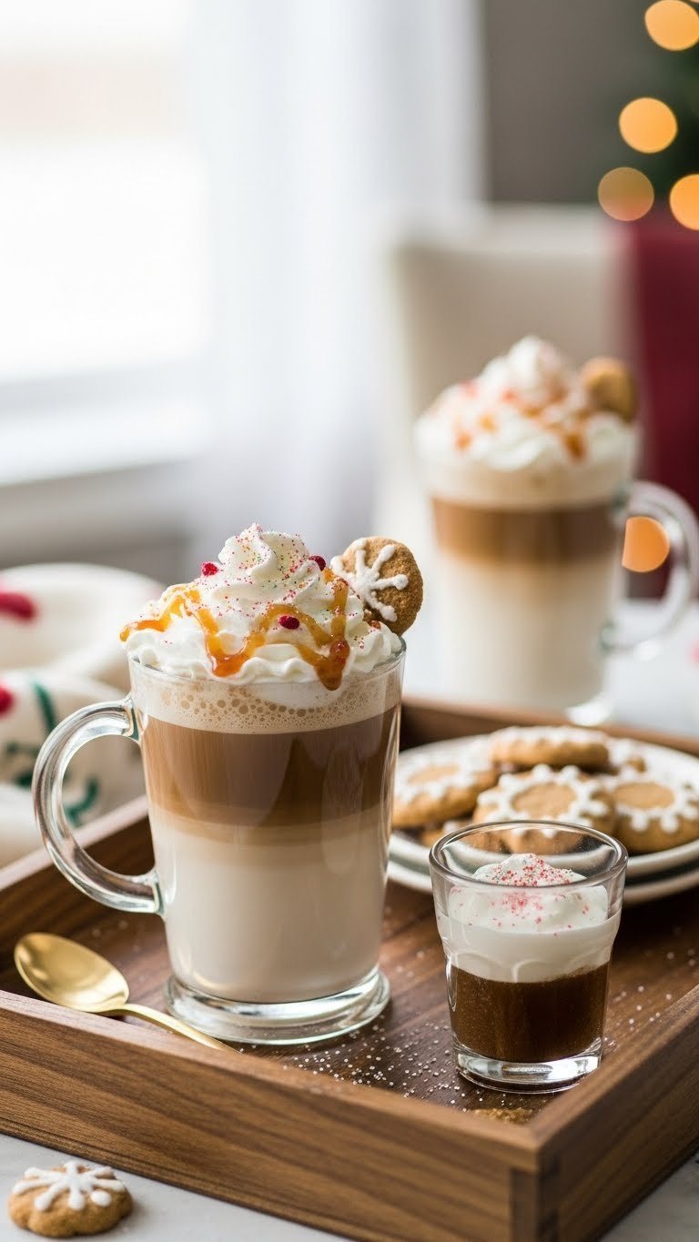 Sugar cookie latte with whipped cream garnish on rustic wooden tray next to syrup glass and festive decor.