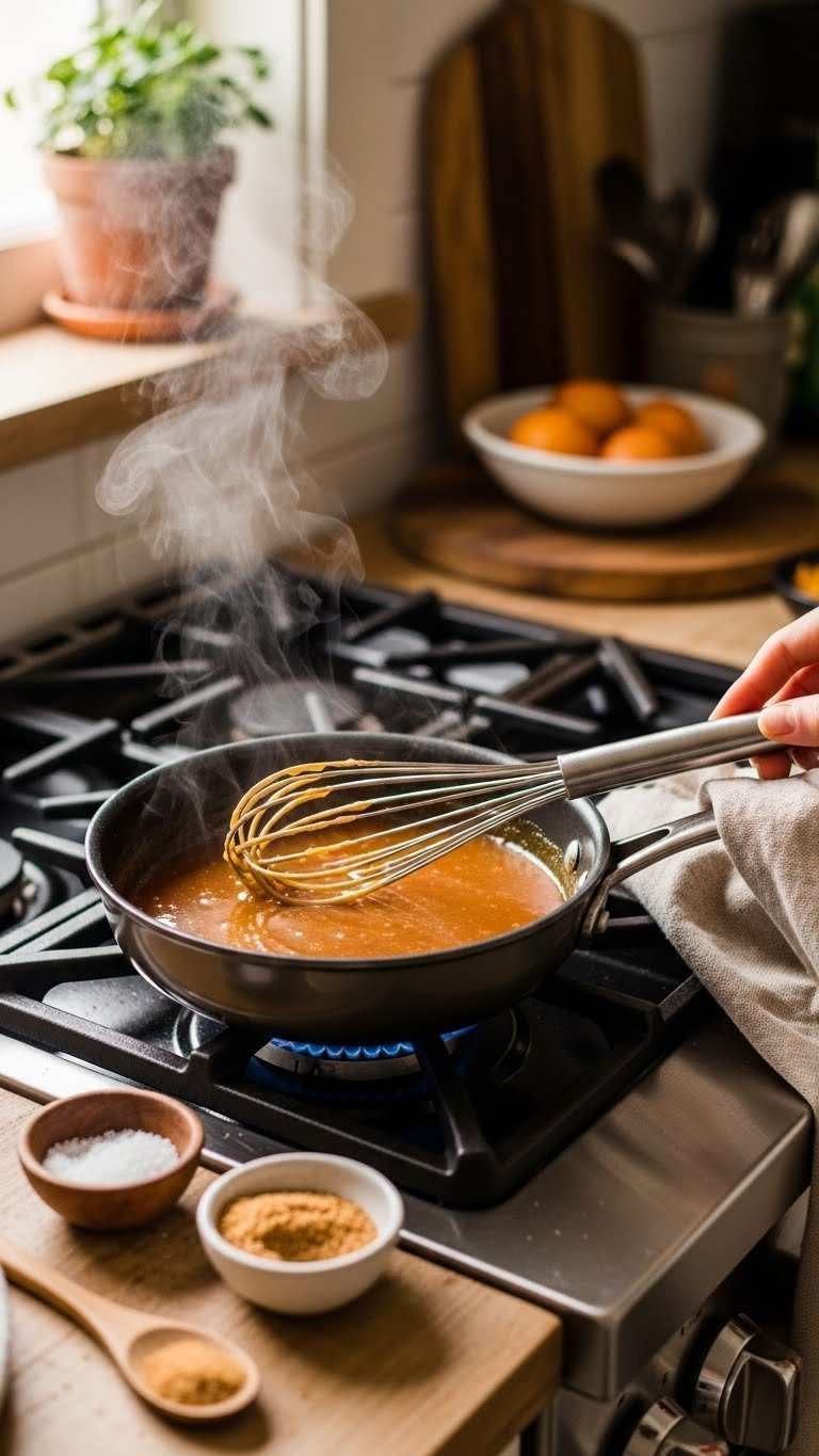Sugar-free caramel sauce bubbling in saucepan on stovetop with monk fruit sweetener and silicone whisk