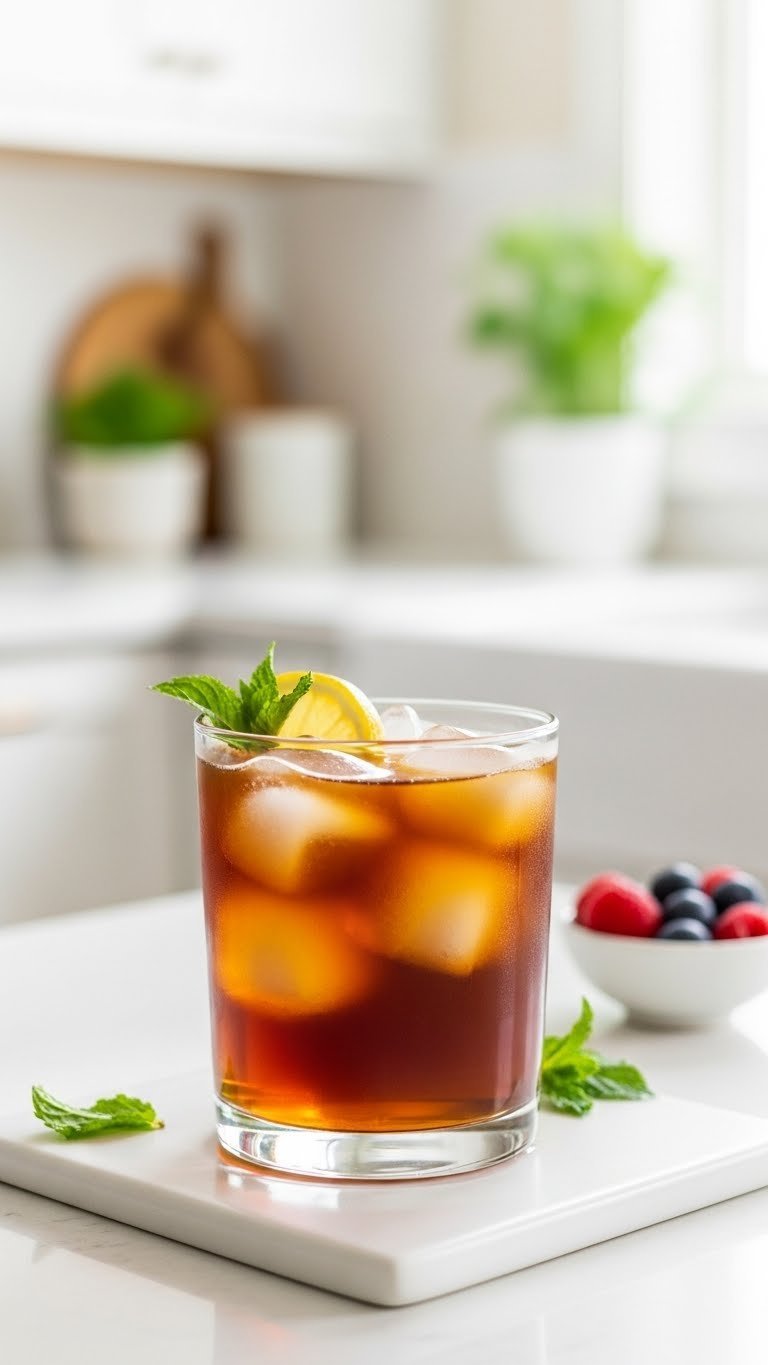 Sugar-free decaf iced coffee in clear glass with mint garnish and ice cubes on white ceramic surface