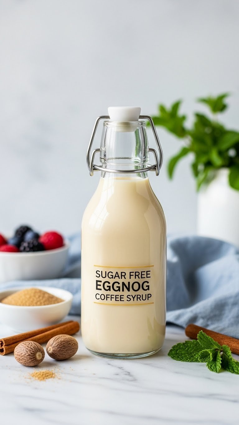 Sugar-free eggnog coffee syrup in clear glass bottle with erythritol sweetener and fresh spices on marble countertop