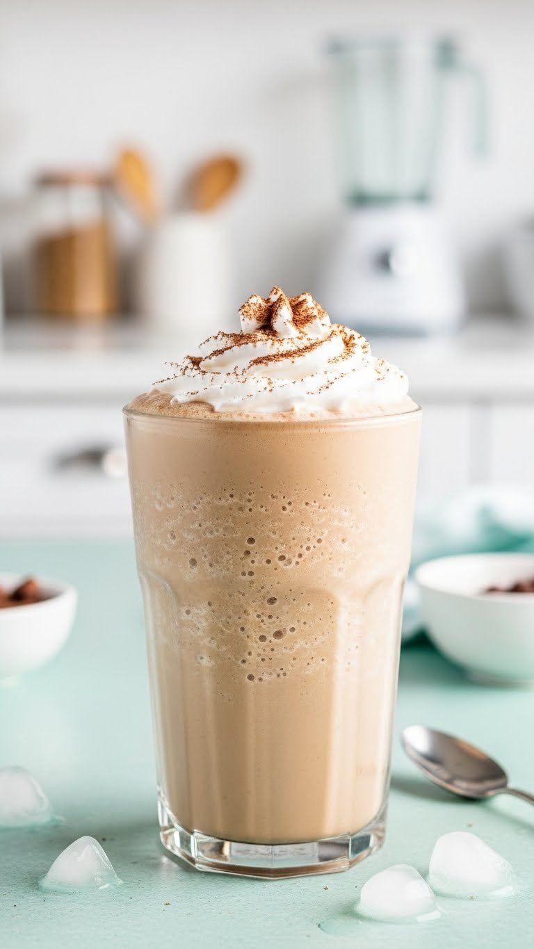 Sugar-free keto frappuccino alternative in frosty glass with blended light brown texture and whipped cream topping on pastel counter.