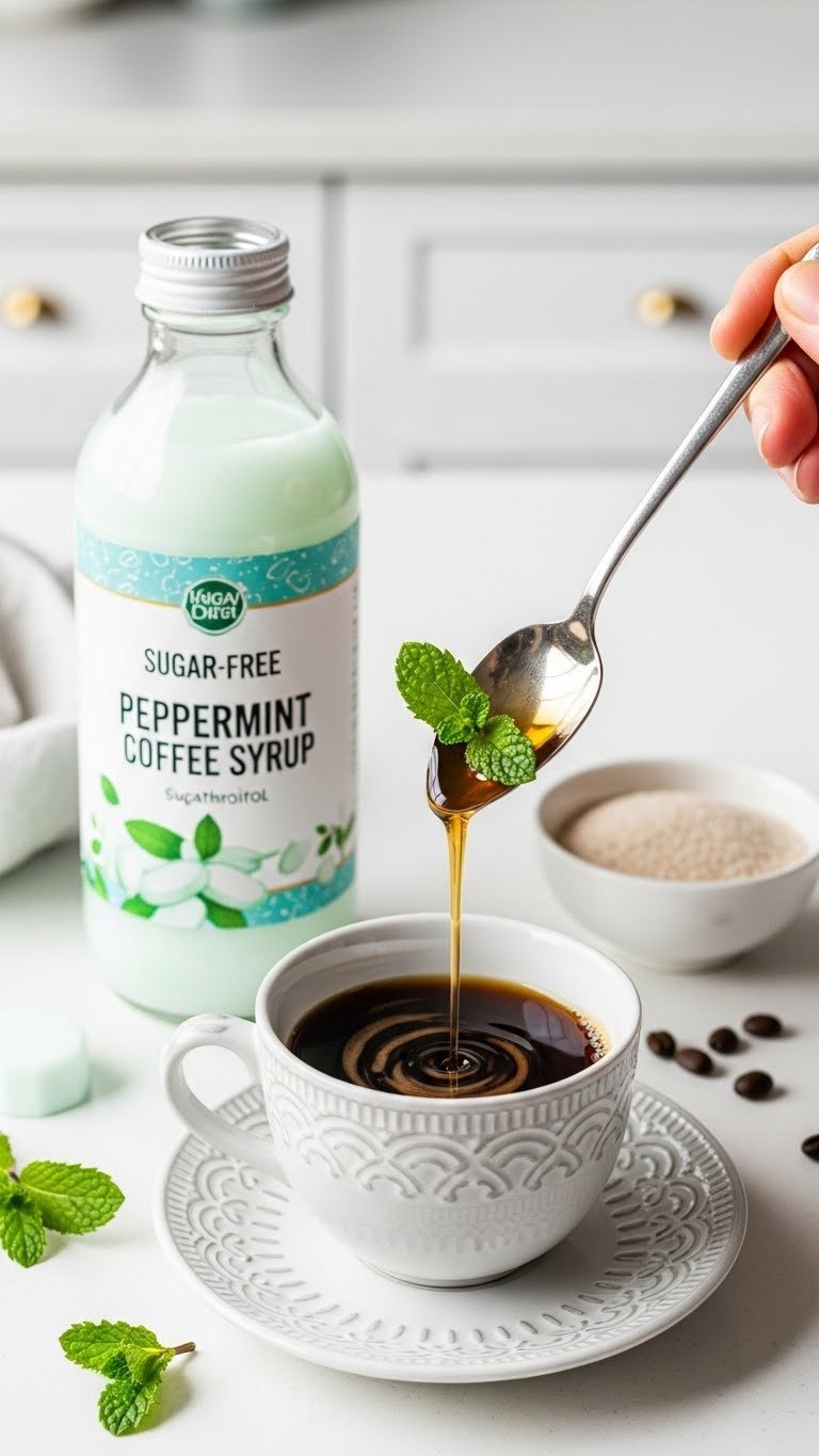 Sugar-free peppermint coffee syrup cascading over spoon into coffee cup with erythritol bowl in background