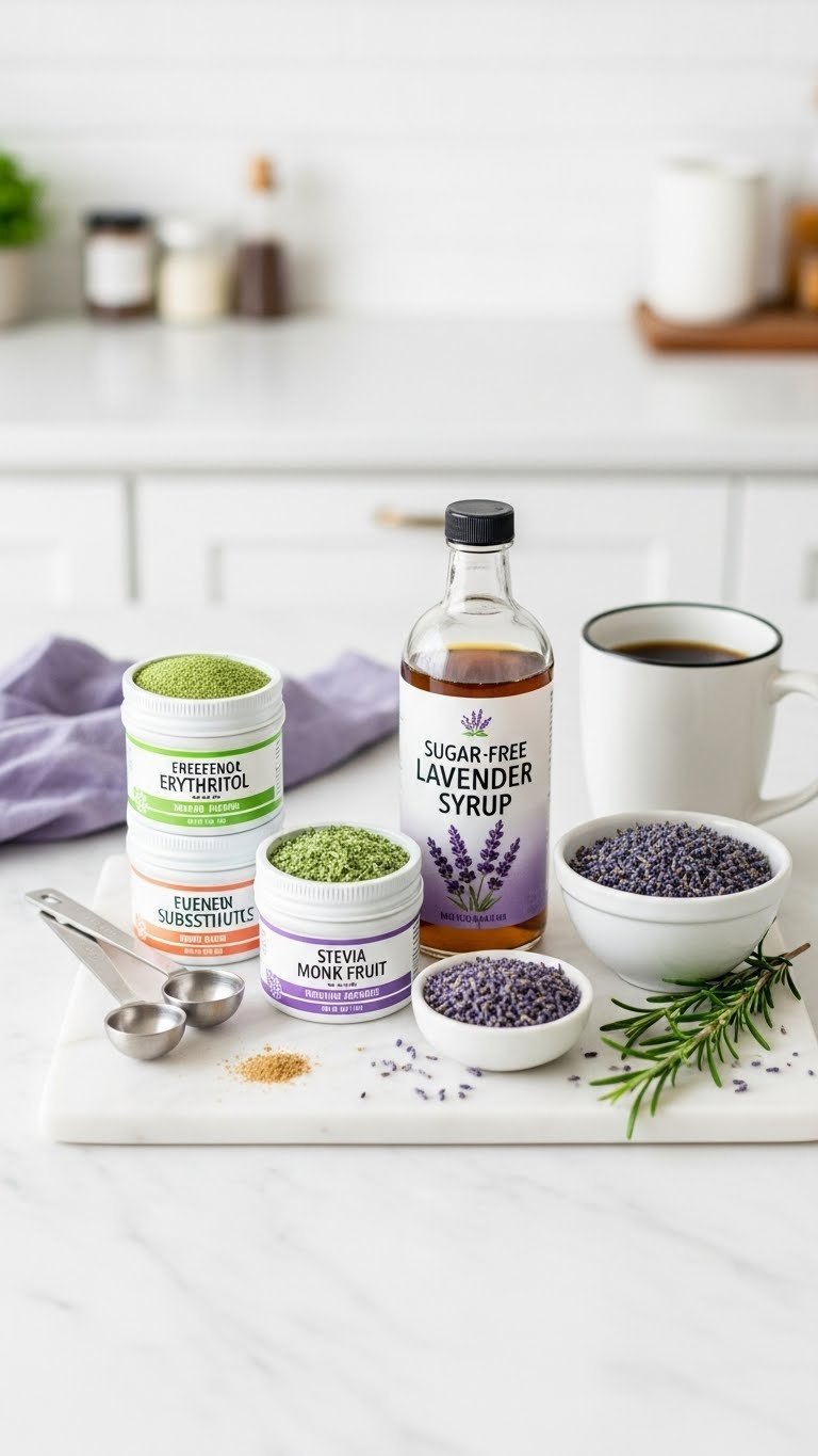 Homemade Lavender Whipped Coffee: 7 Easy Tips for Perfect Cream 13 Sugar substitutes, sugar-free lavender syrup, and fresh lavender on a marble slab for healthy customized coffee.