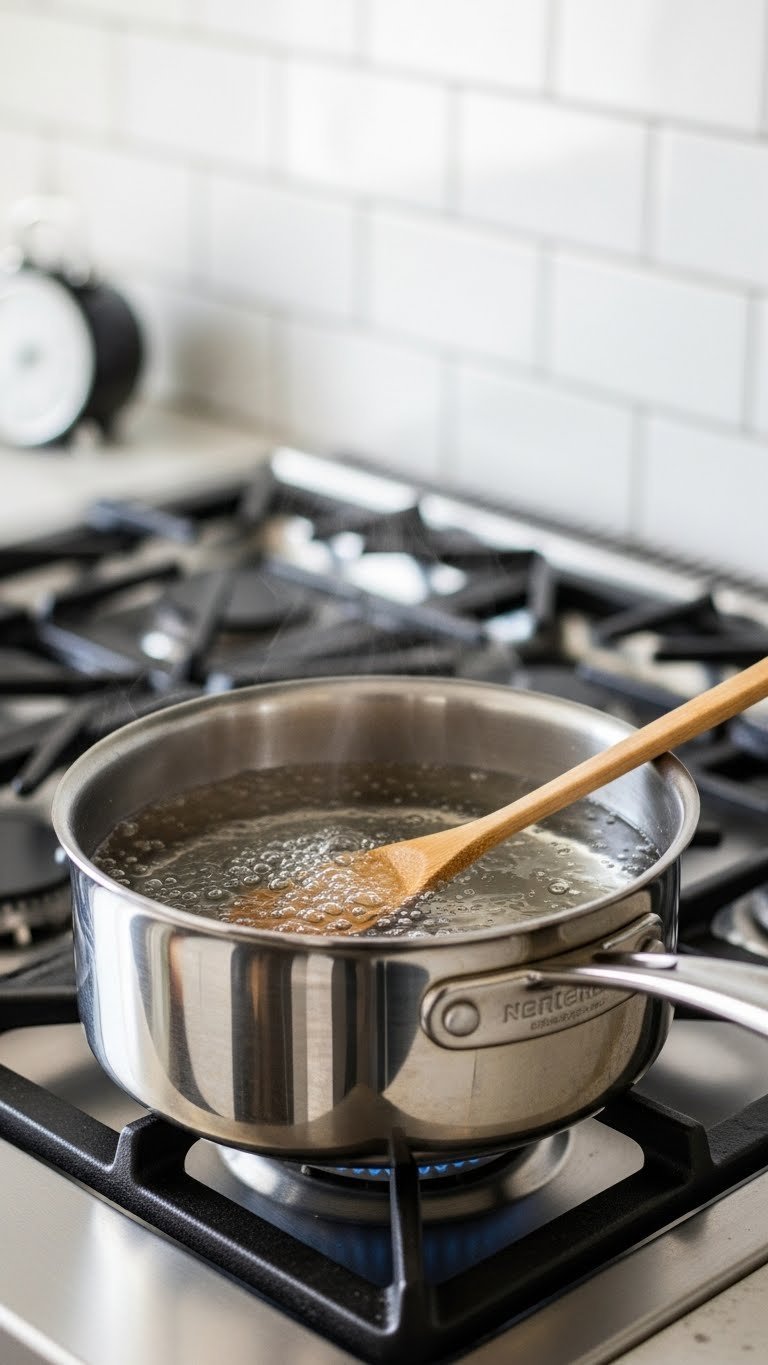 Sugar syrup simmering clear and viscous in stainless steel saucepan on stovetop with gentle steam