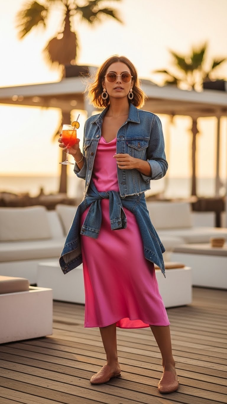 Summer sunset outfit with vibrant slip dress, denim jacket, and mules at beach club golden hour setting