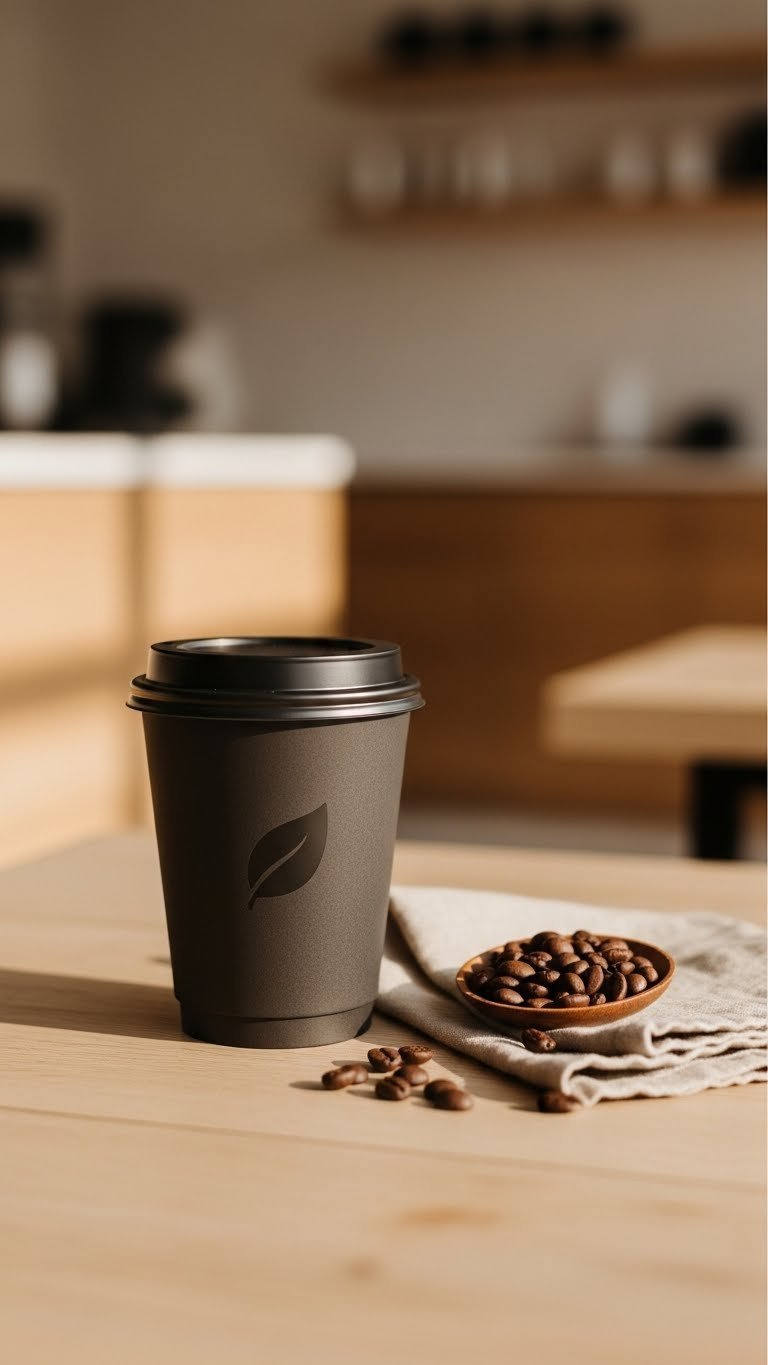 Sustainable compostable black coffee cup with coffee beans on rustic wooden table