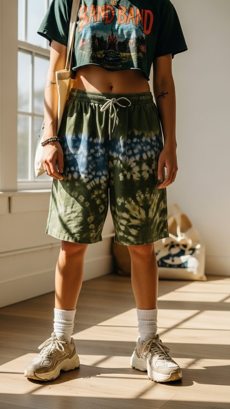 Sustainable rave outfit with upcycled vintage tee crop top and recycled material shorts in minimalist studio setting