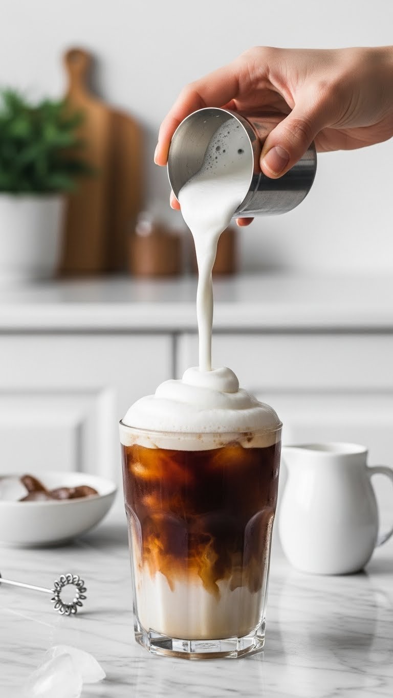 Sweet cream cold foam cascading into iced coffee creating distinct layers on minimalist marble countertop