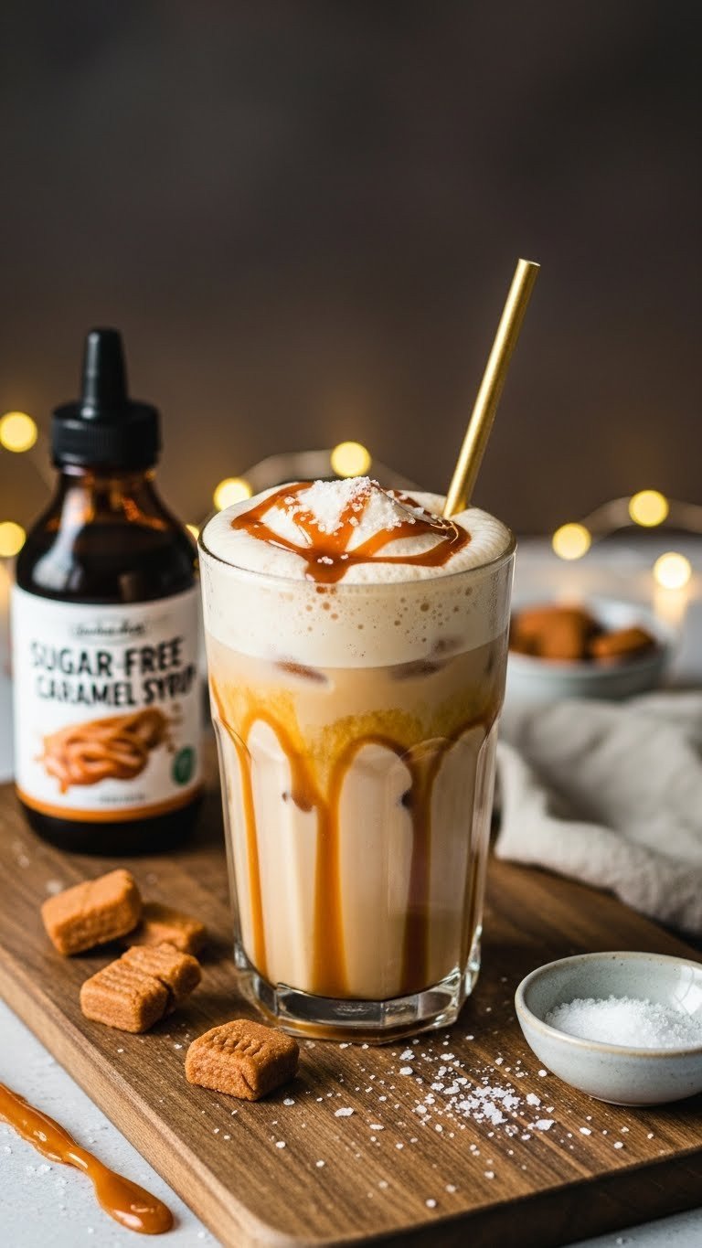 Sweet salted caramel protein iced coffee with sea salt flakes on rustic wooden board