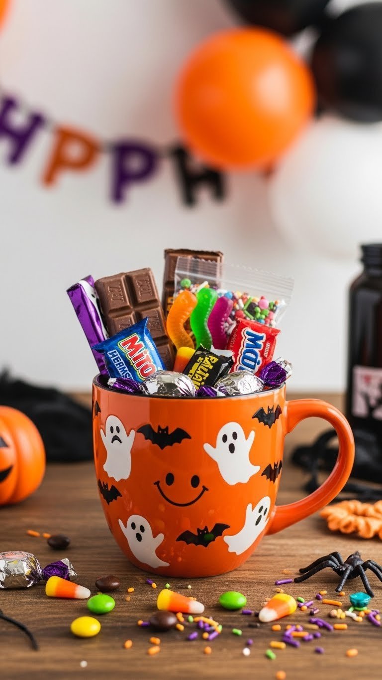 Sweet spooky treat Halloween mug with ghost bat pattern overflowing with Halloween candies and festive sprinkles