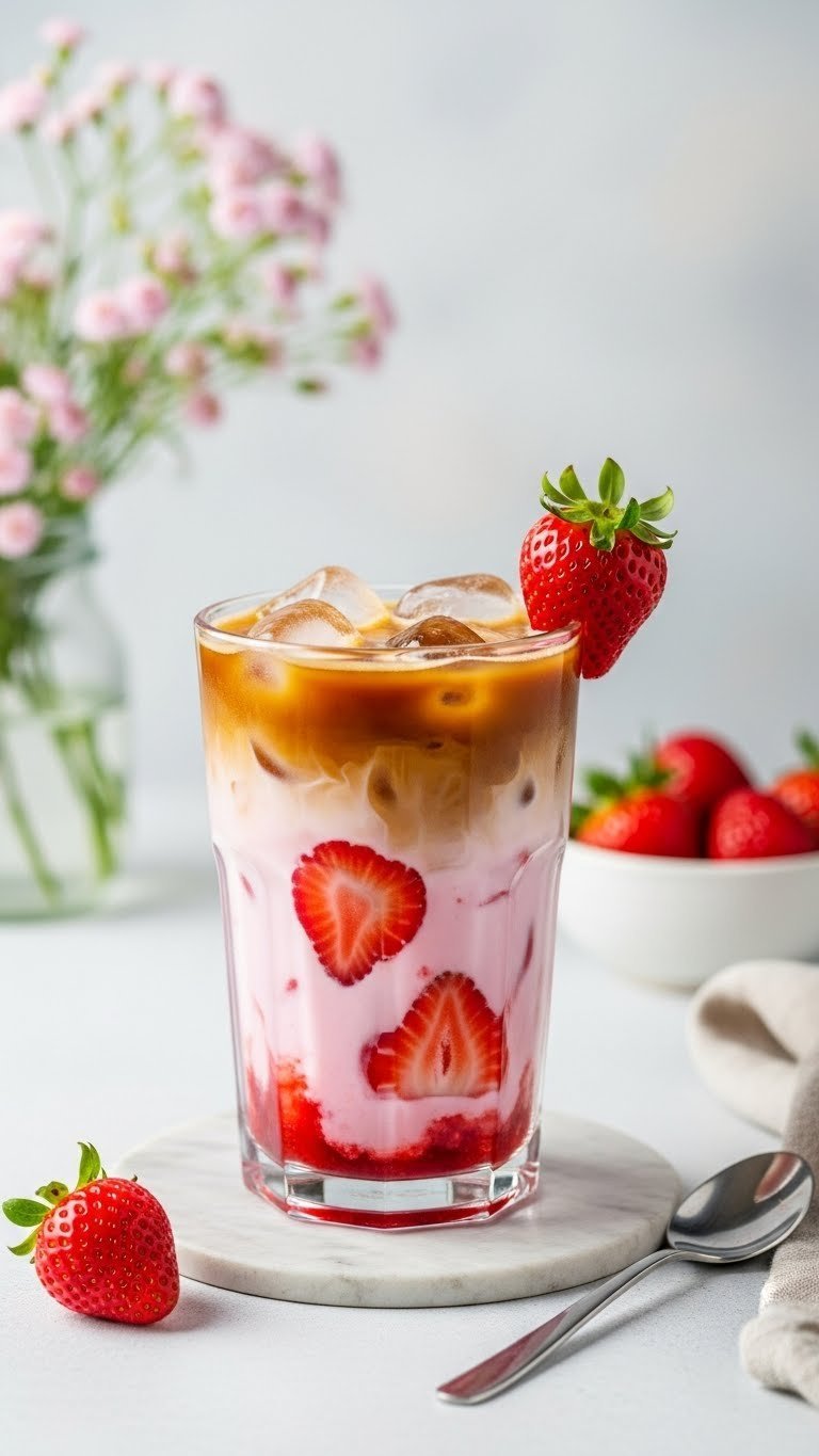 Sweet strawberry milk iced latte in clear glass with pink strawberry layer and fresh berries on minimalist table