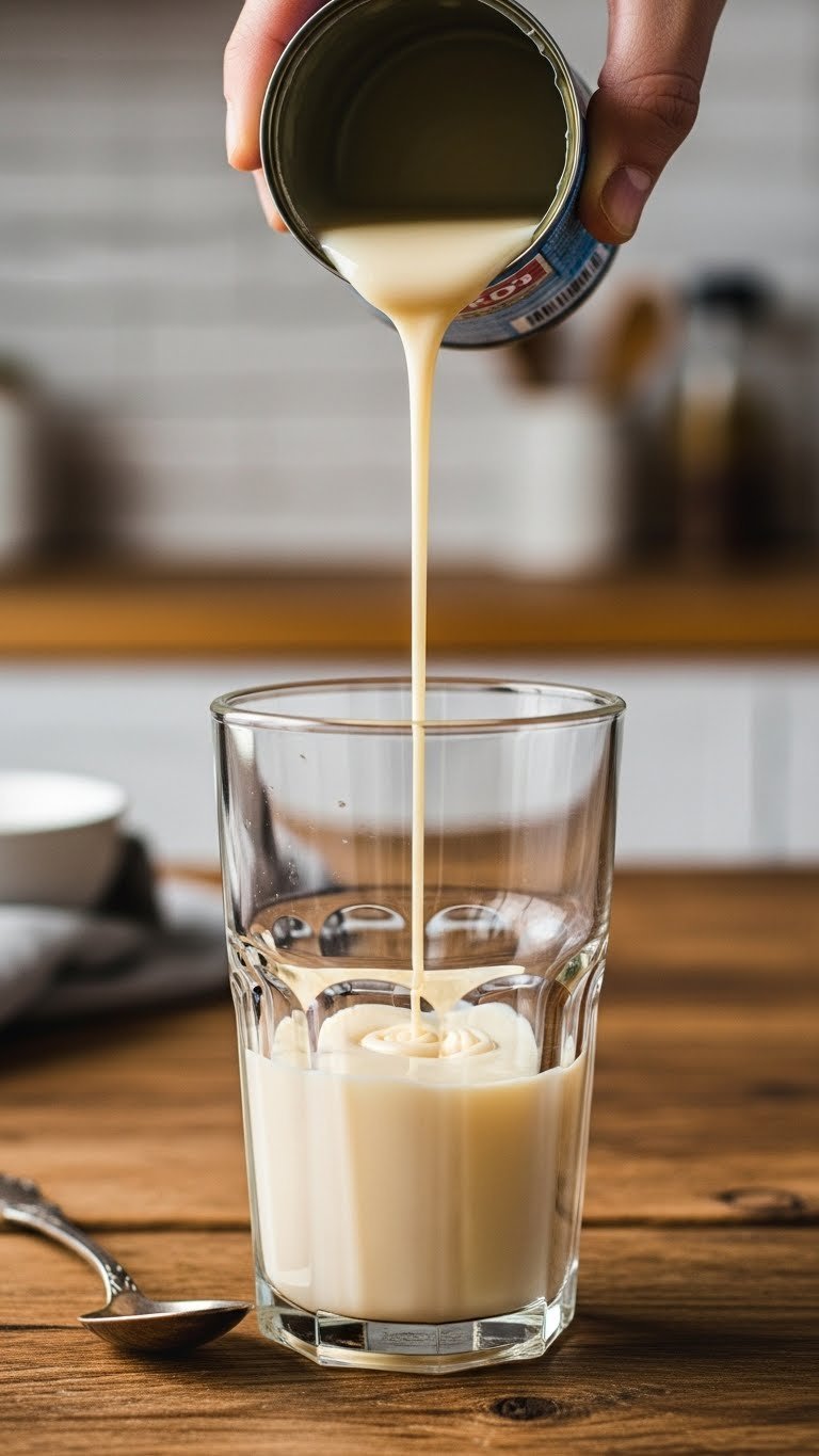 Sweetened condensed milk pouring into a clear glass with rustic wooden background and warm natural lighting