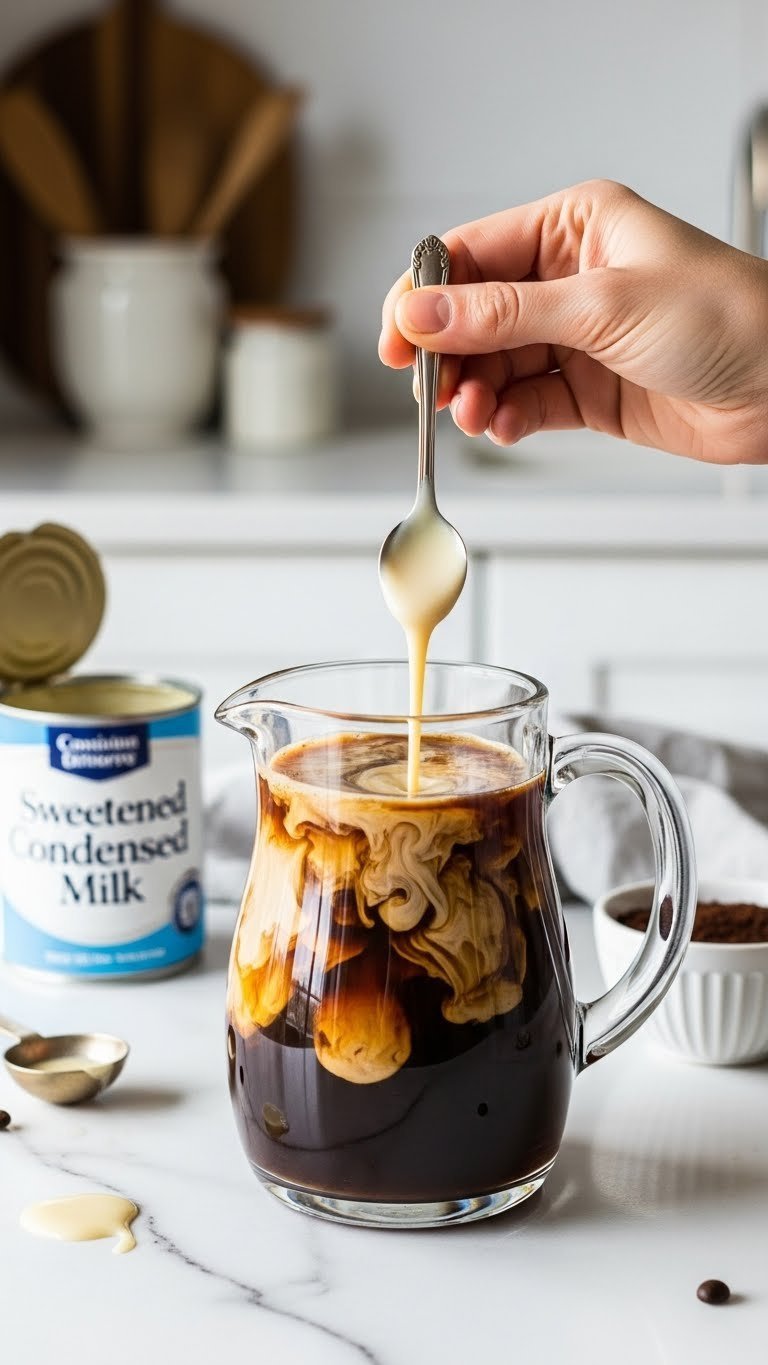 Sweetened condensed milk swirling into dark coffee base creating marbling effect in clear glass pitcher