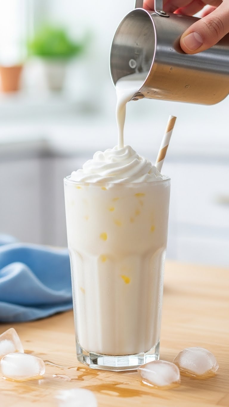 Tall clear glass filled with cold milk and ice cubes ready for cloud coffee foam layering