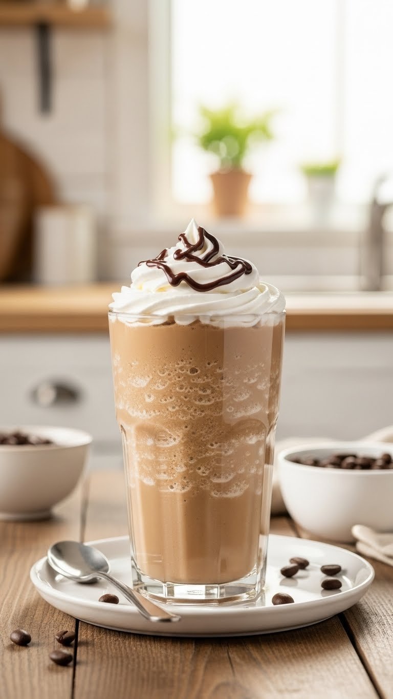 Tall clear glass of creamy frozen coffee with whipped cream and chocolate drizzle on rustic wooden table in cozy kitchen setting