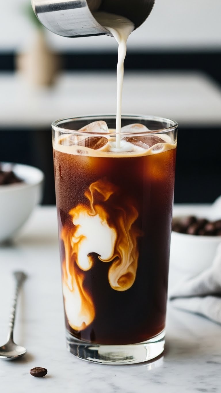 Tall clear glass of rich dark cold brew coffee with swirling white heavy cream creating beautiful marbling effect and suspended ice cubes