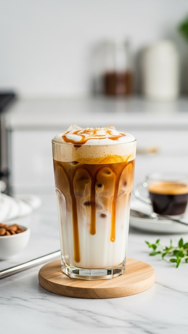 Tall clear glass with layered salted caramel iced coffee, caramel drizzle, and creamy foam on marble countertop
