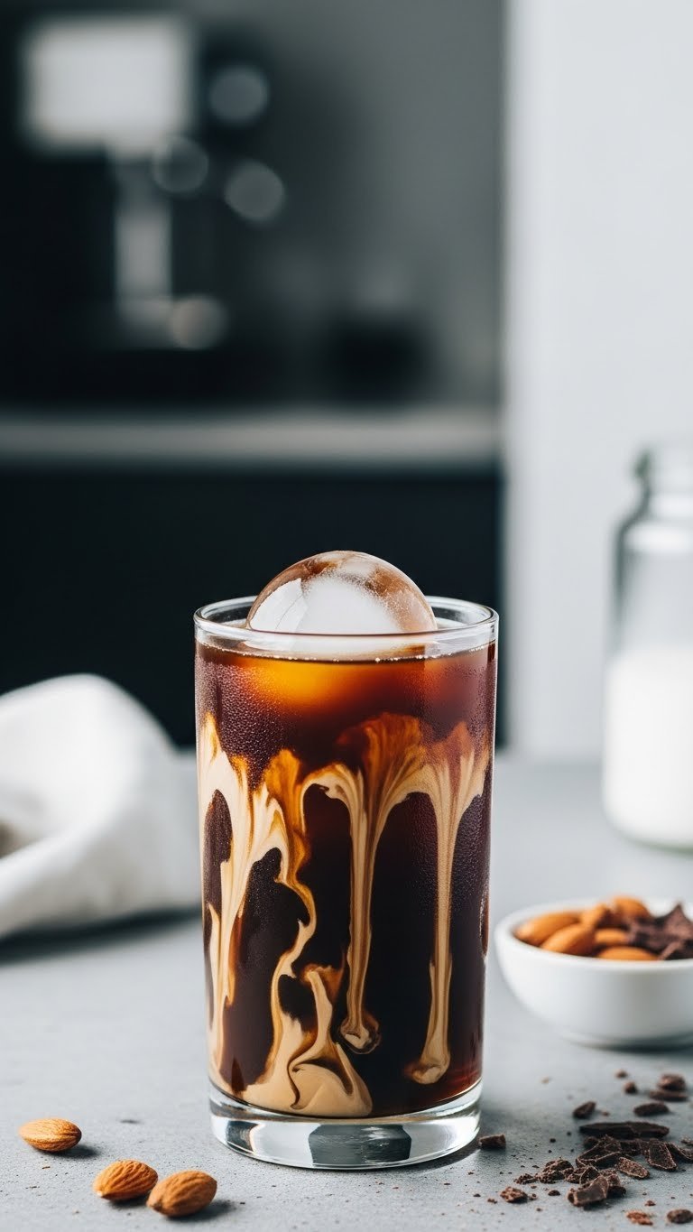 Tall cold brew glass with keto almond joy creamer marbling and single ice sphere, showing smooth texture
