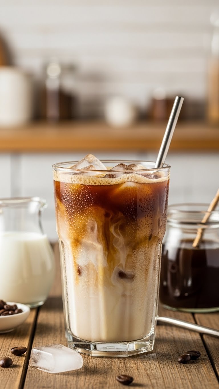 Tall condensation-beaded glass of rich iced vanilla coffee with creamy milk swirls and large ice cubes on rustic wooden table