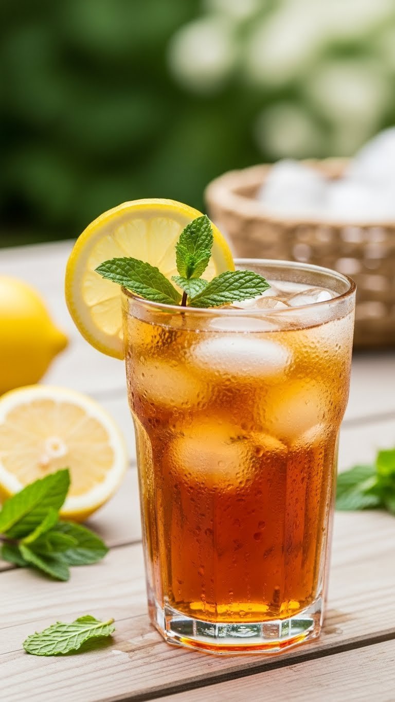 Tall condensation-beaded glass of unsweetened keto iced tea with lemon slice and mint sprig in garden setting