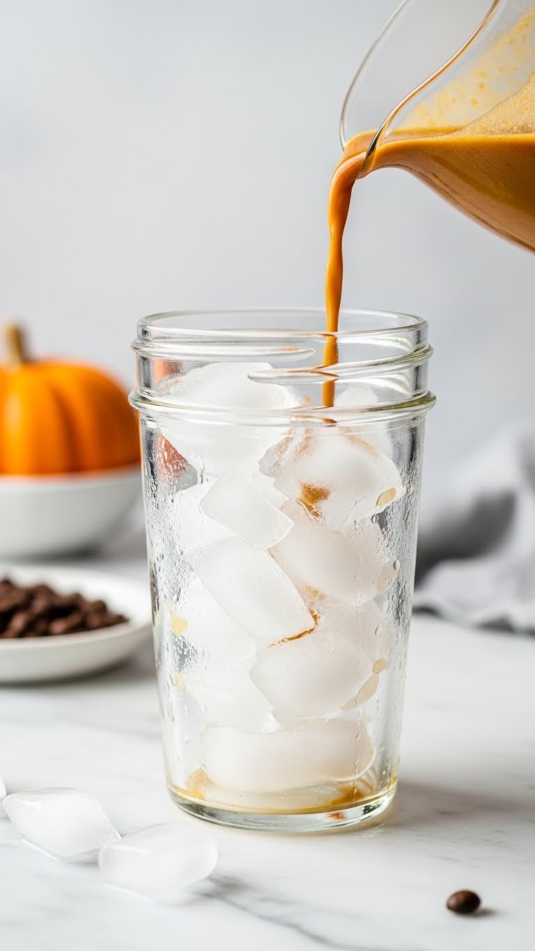 Tall glass filled with crystal-clear ice cubes and condensation on sides ready for pumpkin spice iced coffee preparation.