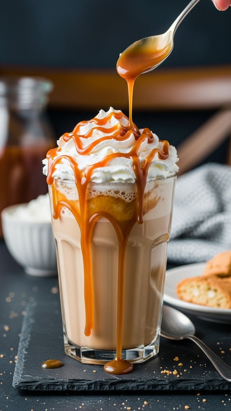 Whipped Coffee With Nespresso Easy Creamy Recipe For Beginners 10 Tall glass of caramel whipped coffee with rich caramel drizzle, served with a biscotti on a dark slate surface.