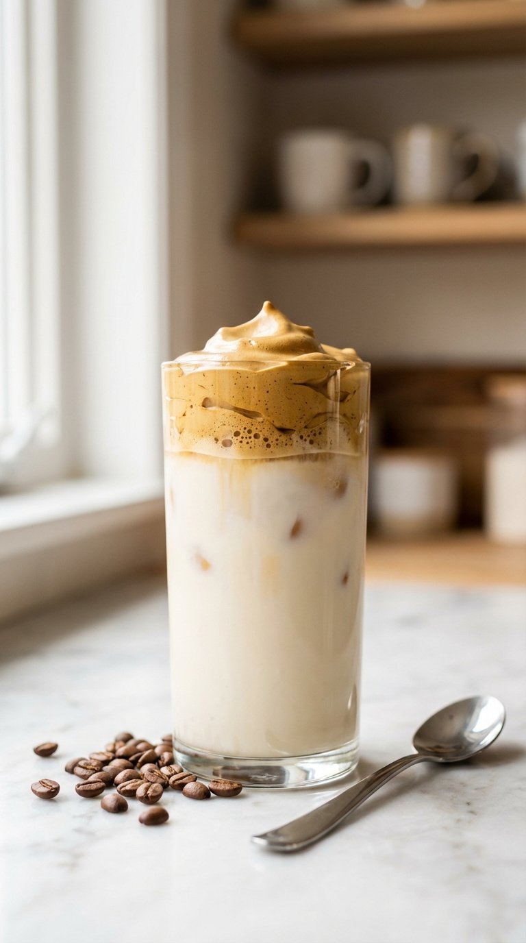Whipped Coffee Protein Shake Easy High Protein Recipe Guide 1 Tall glass of classic whipped coffee protein shake with creamy foam and ice cubes on marble countertop with coffee beans and silver spoon