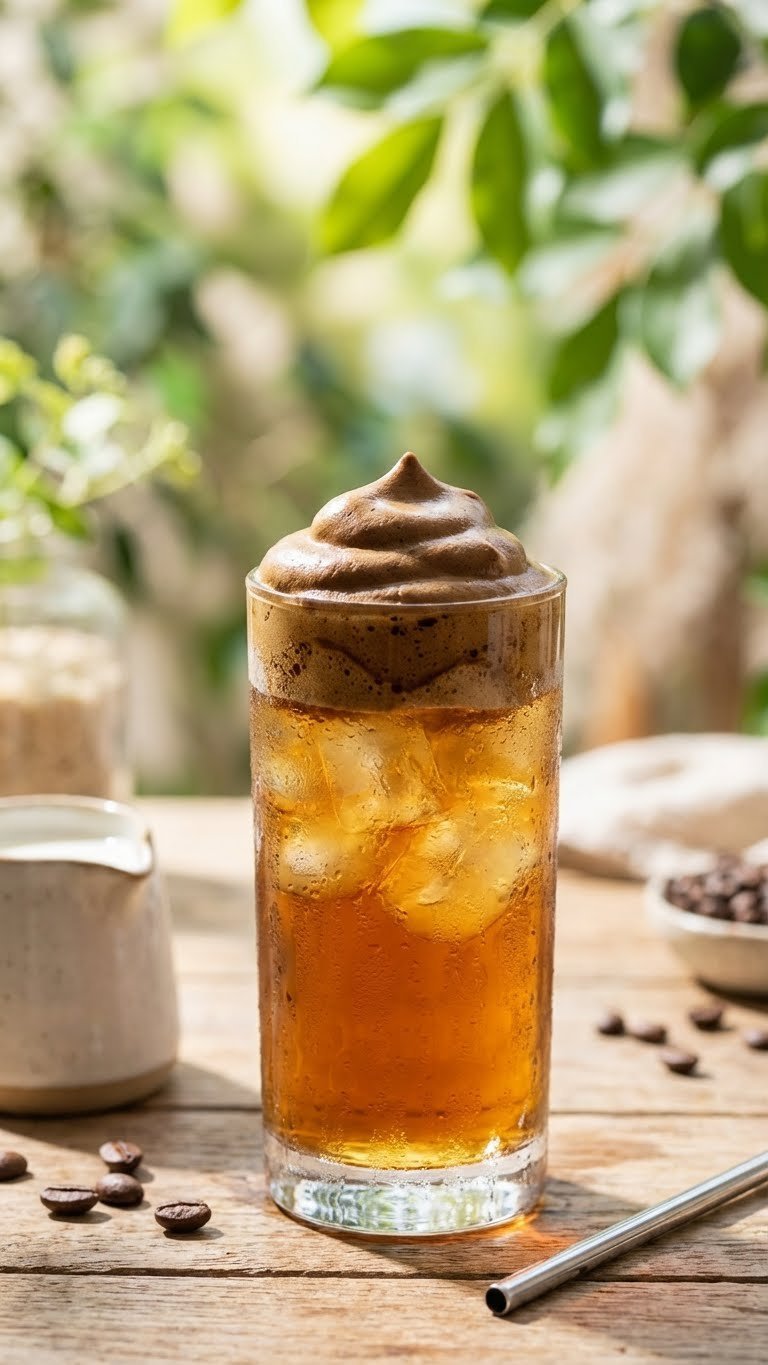 How to Make Whipped Coffee Without Instant: Proven Guide 11 Tall glass of cold brew coffee with ice topped with whipped coffee foam on rustic wooden table outdoors