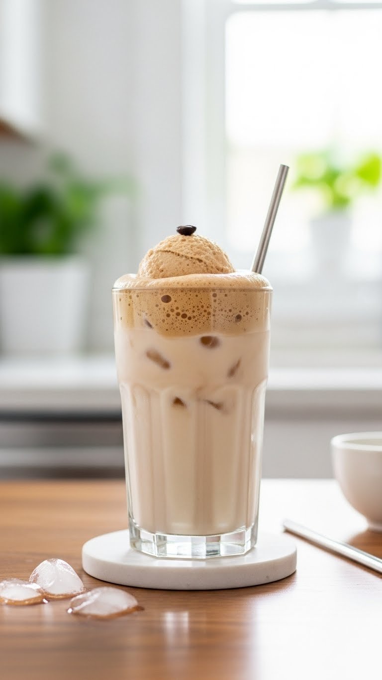 Tall glass of creamy almond milk topped with frothy keto dalgona foam and ice cubes