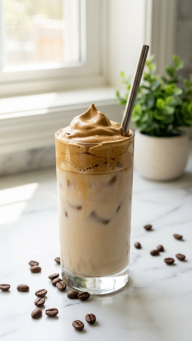 Healthy Whipped Coffee Recipe Complete Sugar Free Guide 1 Tall glass of iced almond milk whipped coffee with caramel foam peaks on white marble countertop with scattered coffee beans
