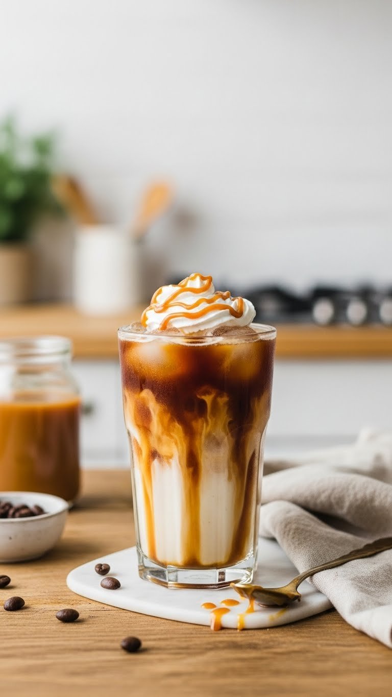 Tall glass of iced caramel coffee with swirling Premier Protein shake, whipped cream topping, and caramel drizzle on rustic wooden table