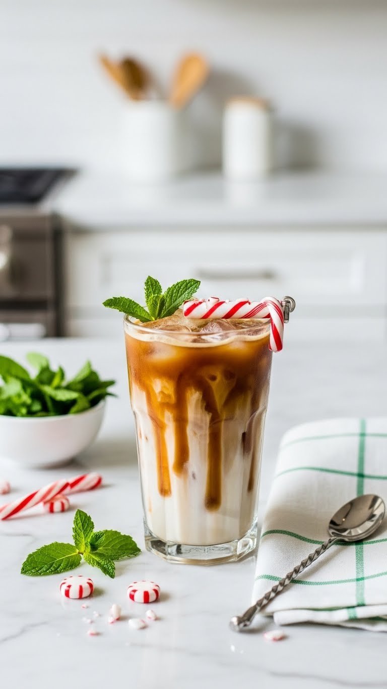 Tall glass of iced coffee drizzled with peppermint coffee syrup garnished with fresh mint sprig on marble countertop