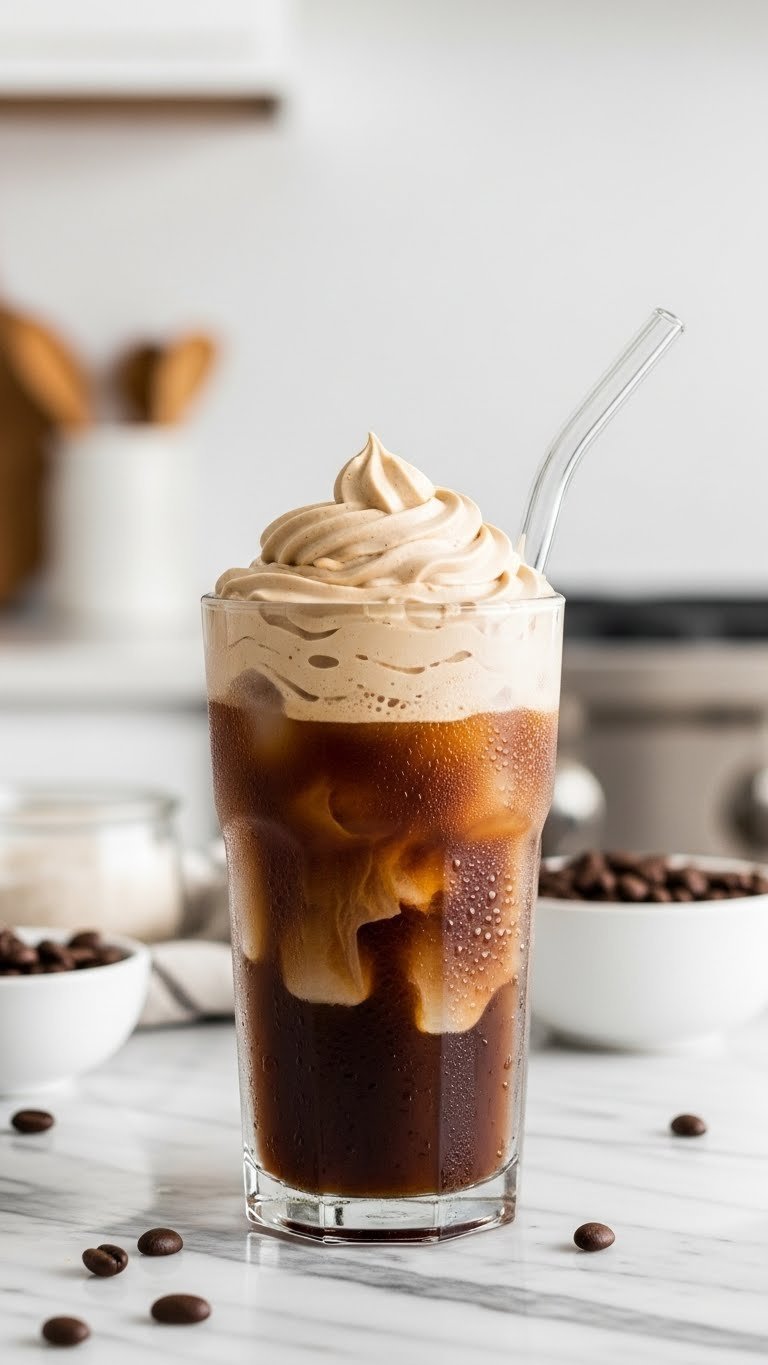 Whipped Coffee Mousse Easy Foolproof Recipe for Beginners 3 Tall glass of iced coffee topped with whipped coffee mousse melting into dark coffee with condensation on glass