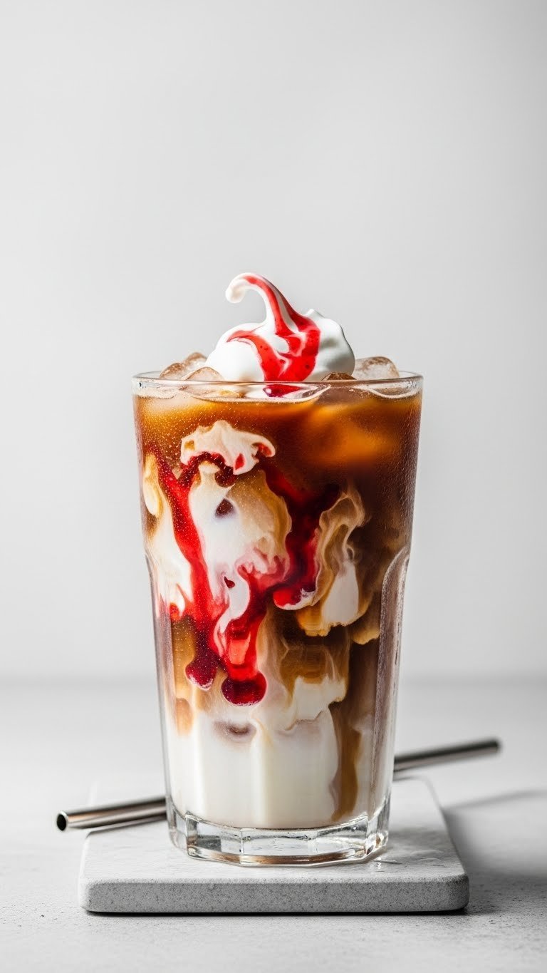 Tall glass of iced coffee with cherry syrup swirl and cream cascading over ice cubes against light gray stone surface