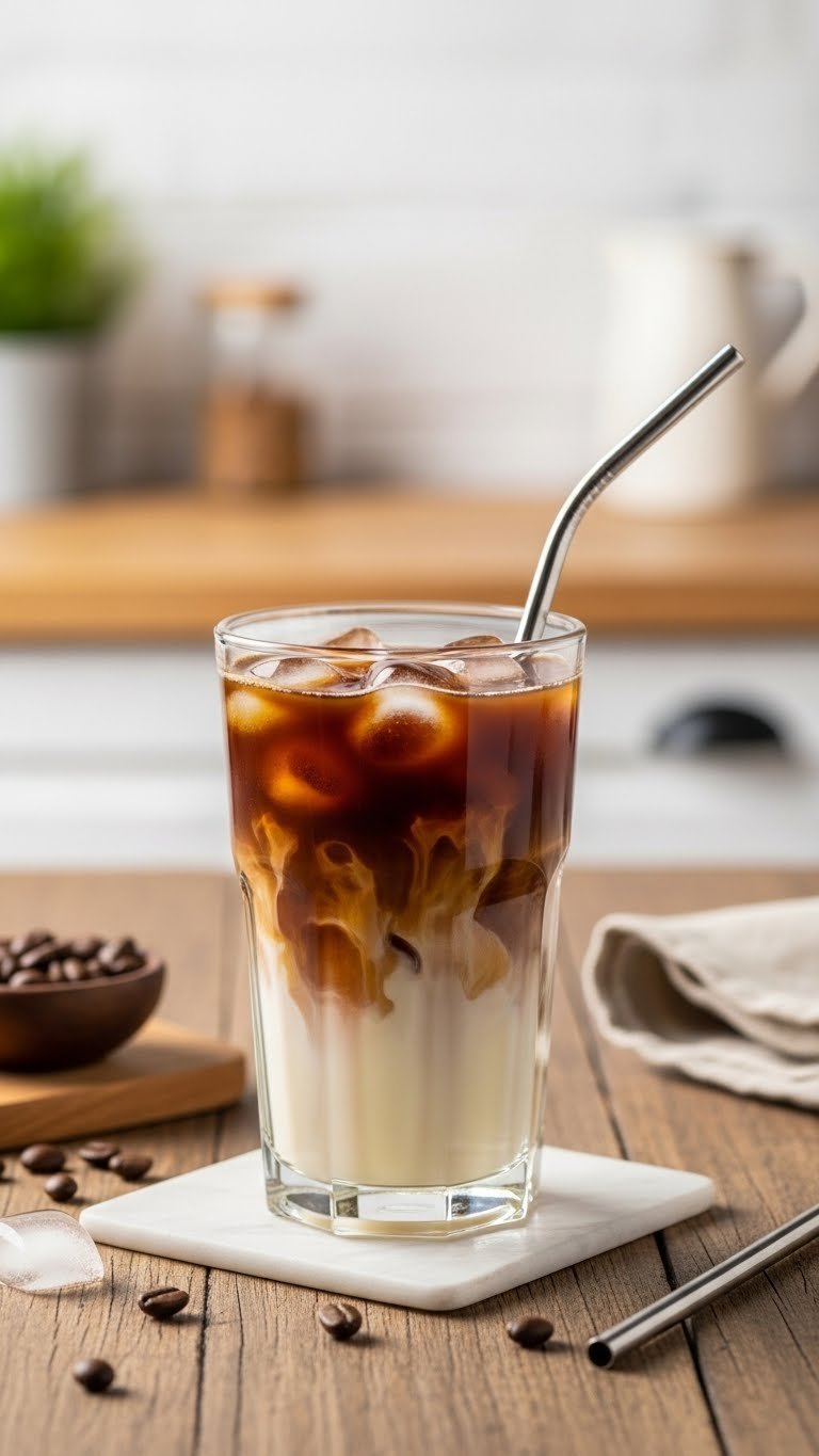 Iced Coffee with Condensed Milk: Ultimate Guide for Beginners 1 Tall glass of iced coffee with condensed milk showing layered dark coffee and creamy swirl on rustic wooden table with coffee beans.
