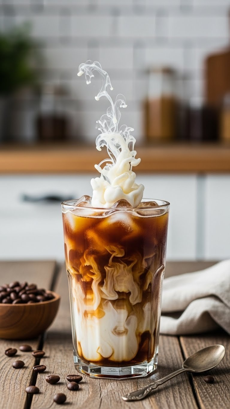 Tall glass of iced coffee with creamy swirls on rustic wooden table with coffee beans and vintage spoon in soft natural light