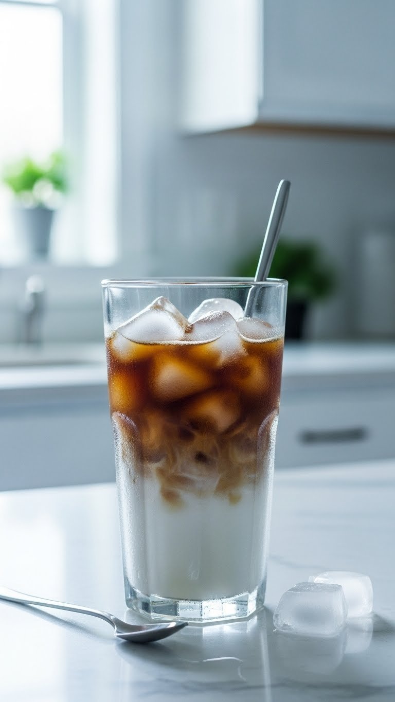 Iced Coffee Recipe Keurig: 7 Perfect Steps, No Watery Brew 1 Tall glass of iced coffee with crystal-clear ice cubes and condensation on the exterior against a soft bokeh kitchen background