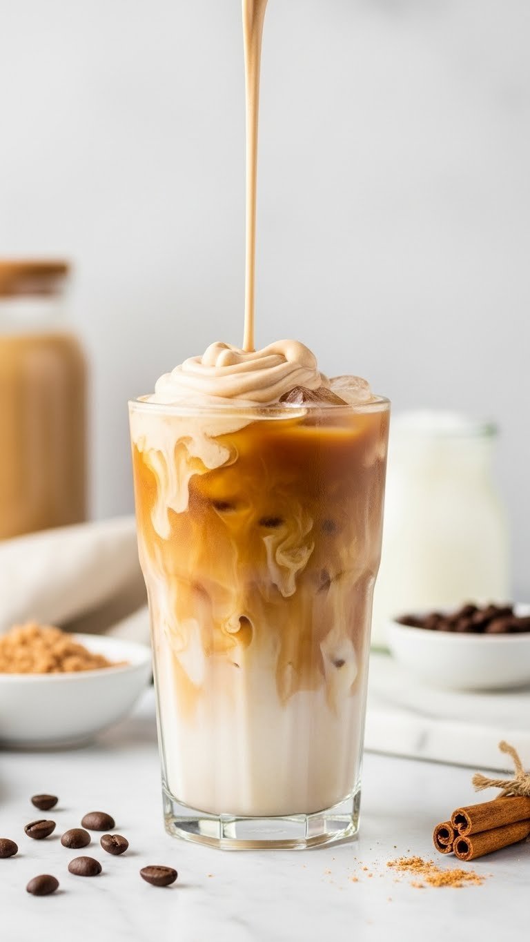 Tall glass of iced coffee with dairy-free keto brown sugar creamer showing distinct layers before mixing