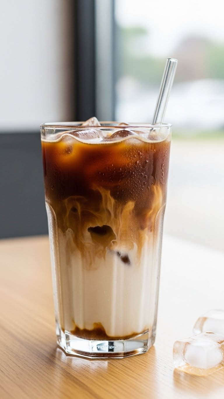 Tall glass of iced coffee with heavy cream and sugar-free vanilla syrup swirling with ice cubes on light wooden table