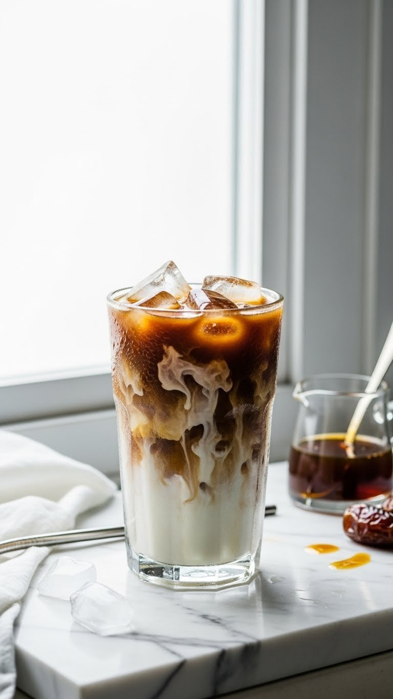 Tall glass of iced coffee with milk swirl sweetened with date syrup on marble countertop with metal straw and pitcher.
