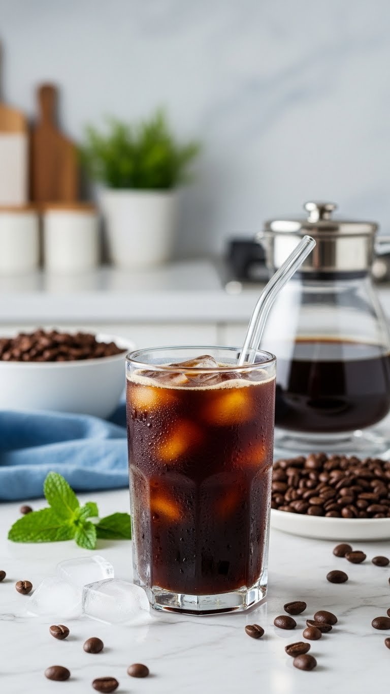 Tall glass of iced cold brew black coffee with condensation on marble countertop surrounded by dark roast coffee beans