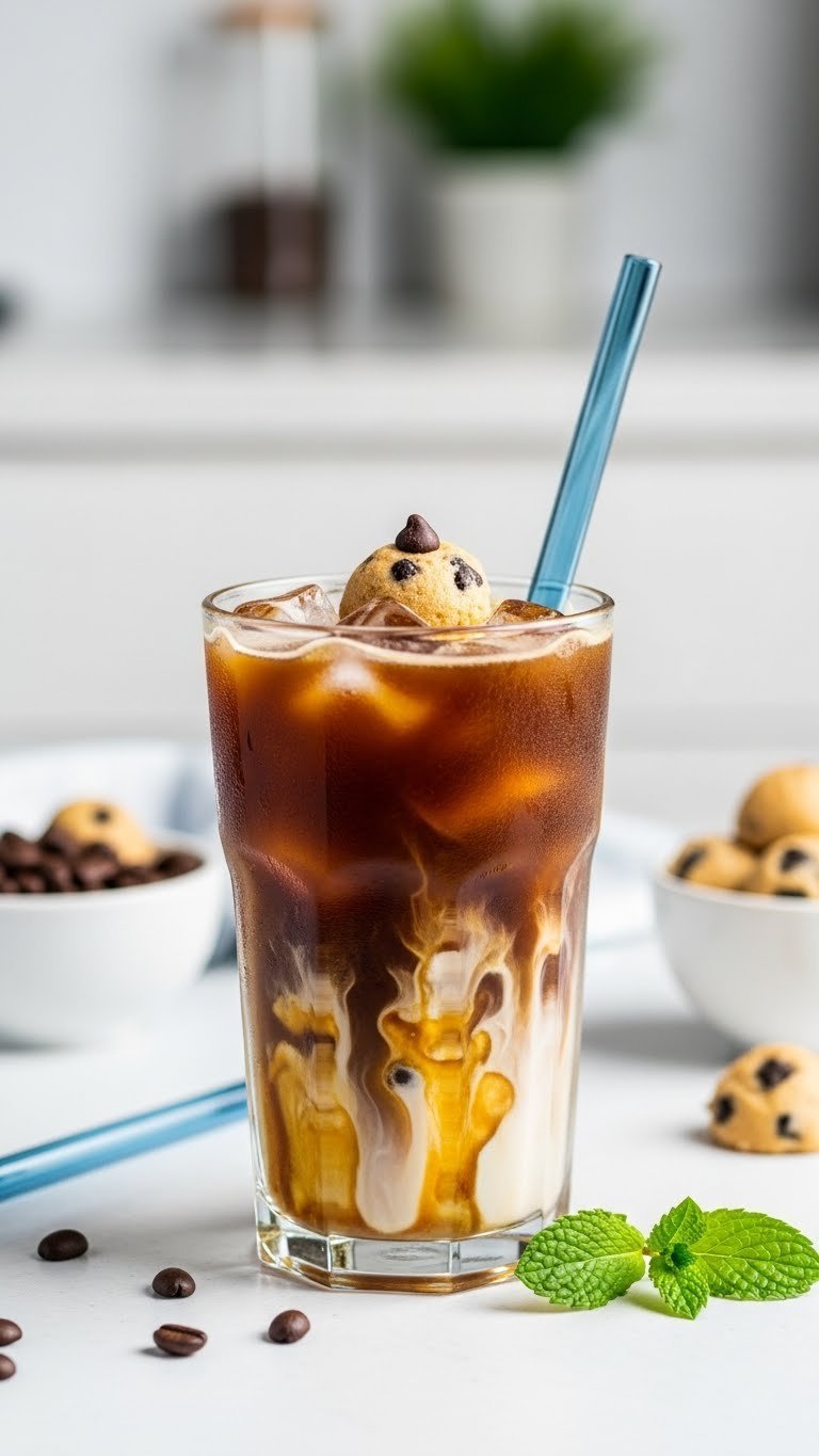 Tall glass of iced cold brew coffee with cookie dough syrup swirl and marble cream effect