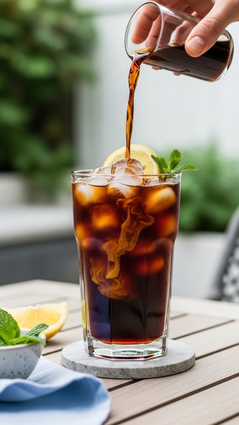 Tall glass of iced cold brew coffee with crystal ice cubes held by hand against soft outdoor background.