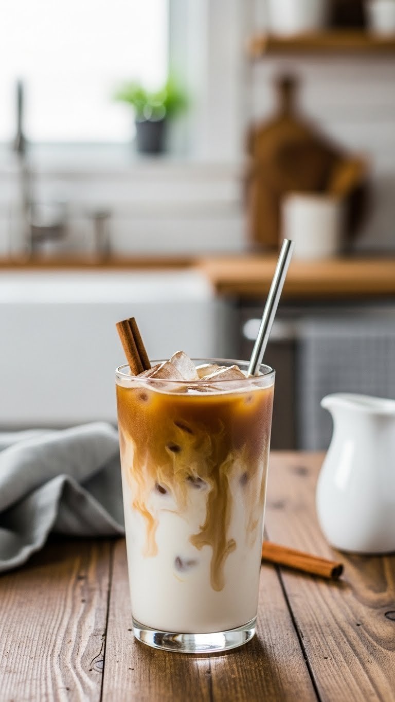 Tall glass of iced horchata latte with creamy swirls, garnished with cinnamon stick on rustic wooden table