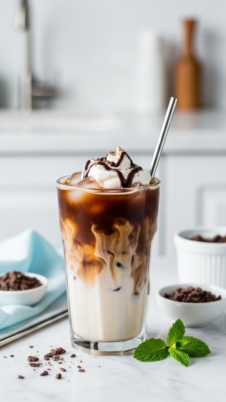 Tall glass of iced keto mocha latte with almond milk swirl, whipped cream, and chocolate drizzle on marble countertop.