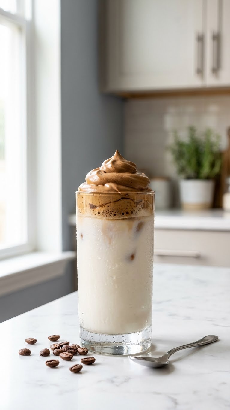 Nutella Whipped Coffee Recipe Easy Fluffy Cafe Style Guide 1 Tall glass of iced milk topped with fluffy Nutella whipped coffee on marble countertop with coffee beans and spoon