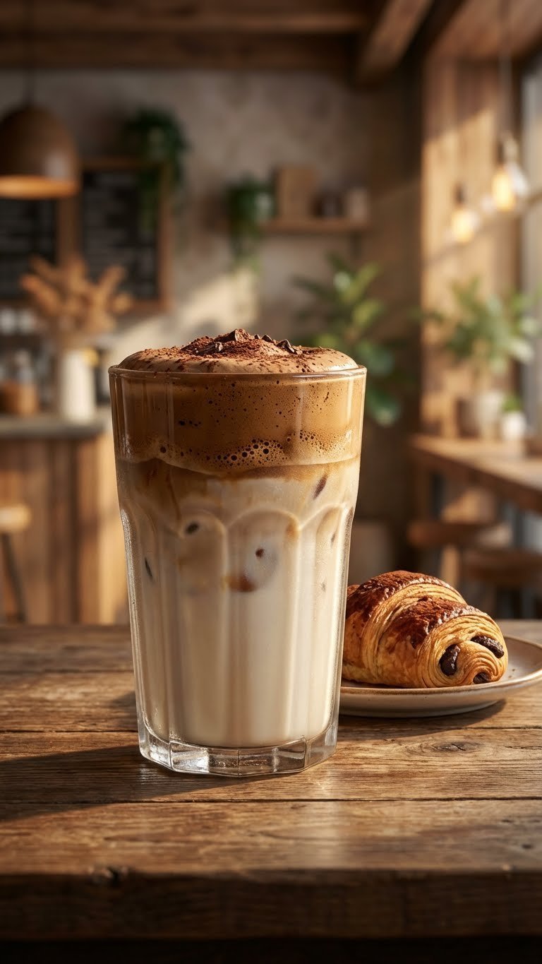 Whipped Coffee Recipe Proven 3 Ingredient Method For Beginners 3 Tall glass of iced milk topped with fluffy mocha whipped coffee foam dusted with cocoa powder and chocolate shavings.